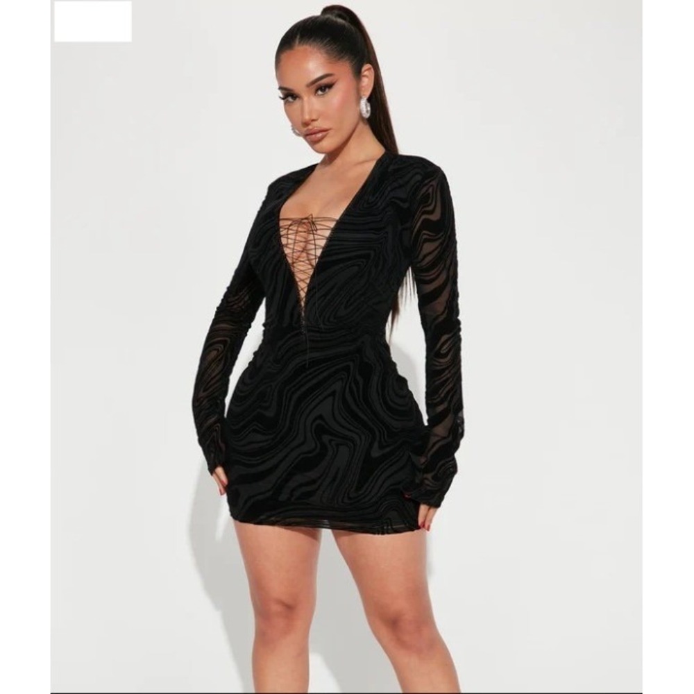 Black Burnout Velvet Swirl Mesh Mini Dress Lace Up V-Neck L Club Edgy Chic Vamp - Picture 3 of 9